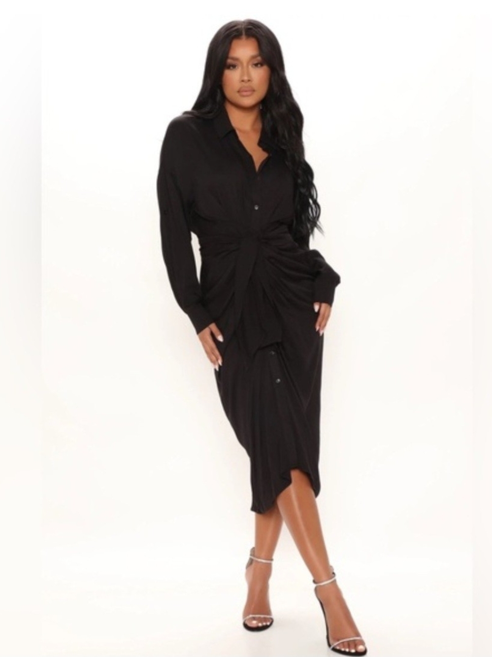Black Twist-Detail Midi Shirt Dress - Women's Elegant Midi